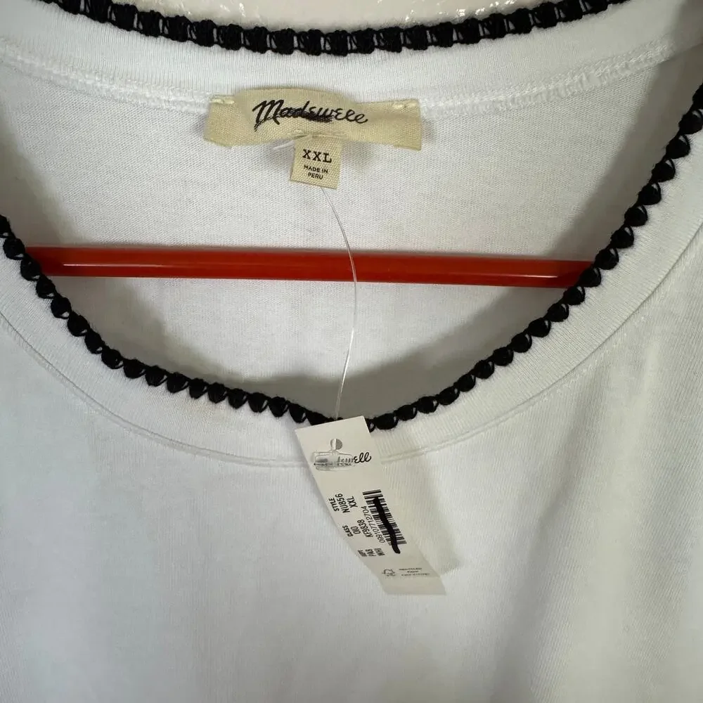 Madewell Side-Cinch Muscle Tee SZ 2XL White Crewneck Black Contrast Stitch Trim